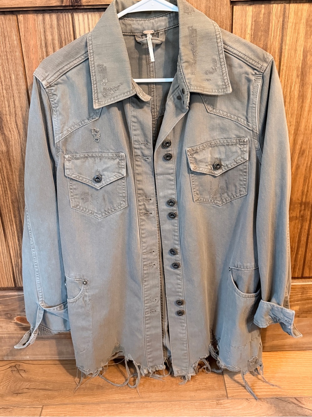 Free People Washed Green Distressed Utility Jean Jacket